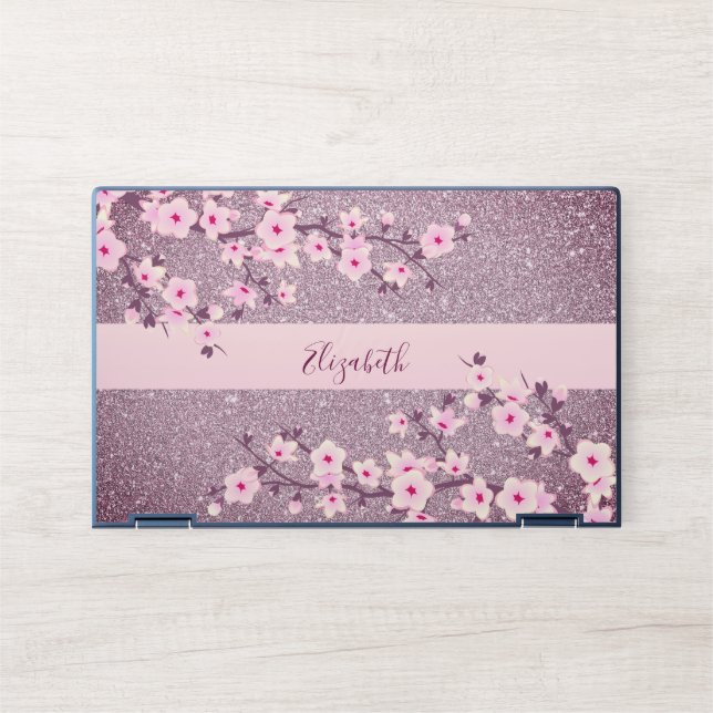 Floral Cherry Blossom Mauve Bling Monogram HP Laptop Skin (Front)