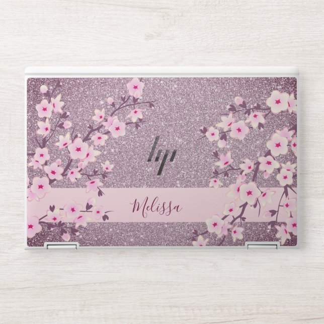 Floral Cherry Blossom Mauve Bling Monogram HP Laptop Skin (Front)