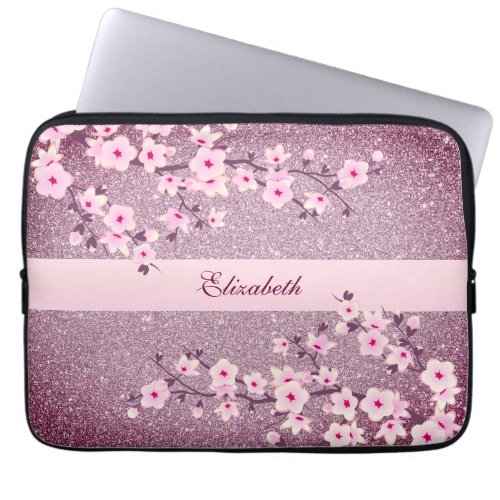 Floral Cherry Blossom Mauve Bling Monogram  Laptop Sleeve