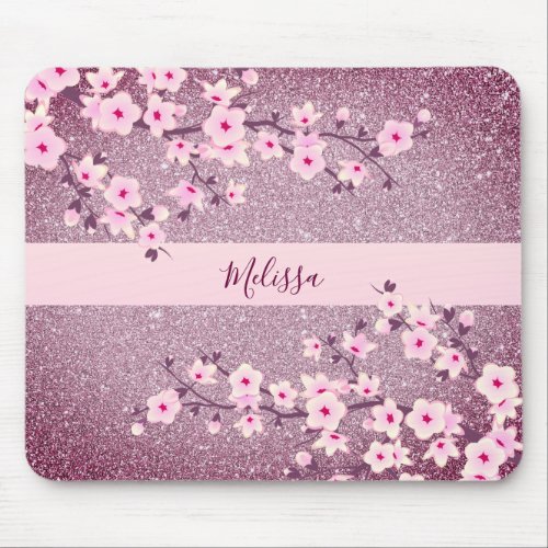 Floral Cherry Blossom Mauve Bling Monogram Mouse Pad