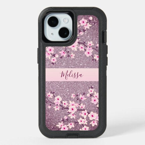 Floral Cherry Blossom Mauve Bling Monogram iPhone 15 Case