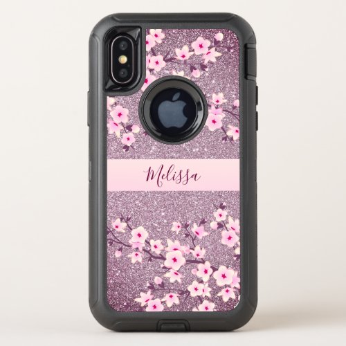 Floral Cherry Blossom Mauve Bling Monogram OtterBox Defender iPhone X Case