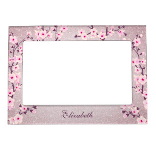 Floral Cherry Blossom Mauve Glitter Add Text  Magnetic Frame