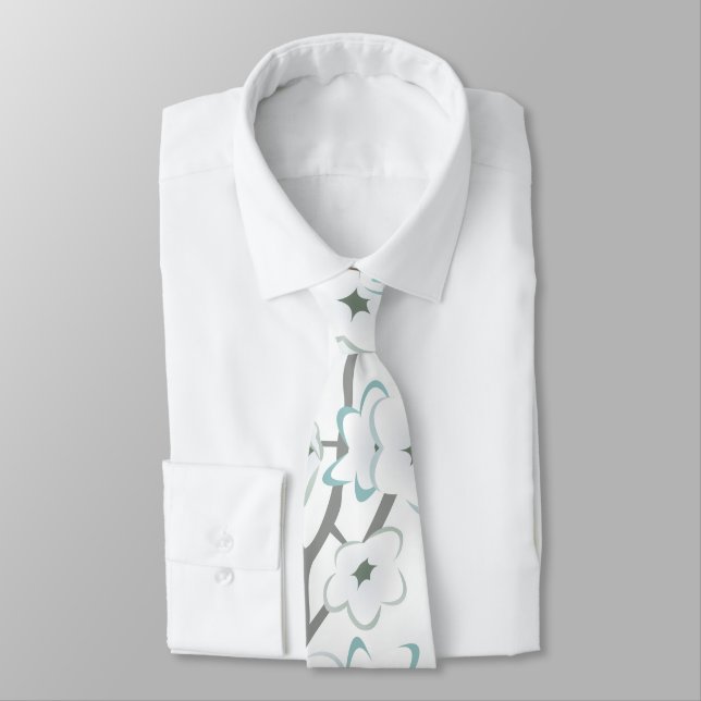 Floral Cherry Blossom Mint White Neck Tie (Tied)