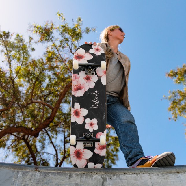 Floral Cherry Blossom Monogram Black Pink Girly Skateboard (Outdoor 1)