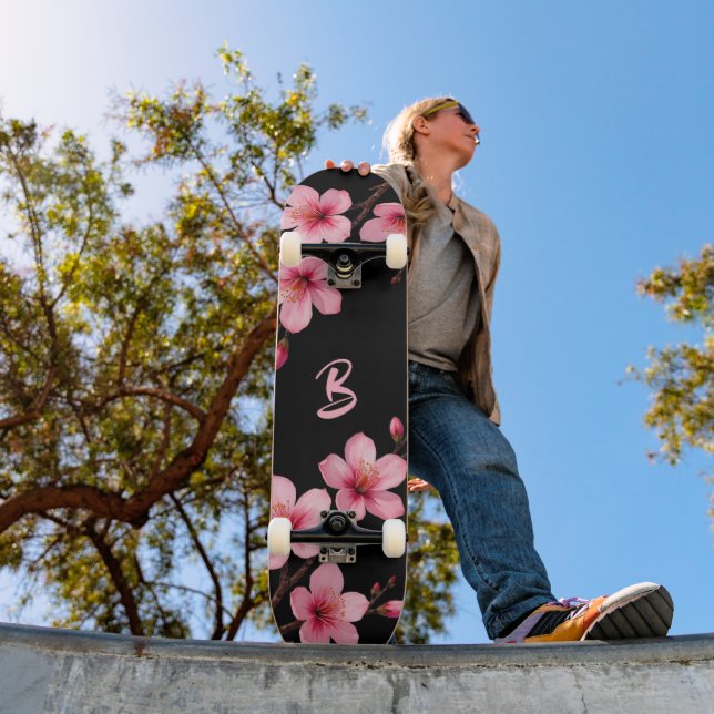 Floral Cherry Blossom Monogram Black Pink Girly Skateboard (Outdoor 1)