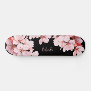 Floral Cherry Blossom Monogram Black Pink Girly Skateboard