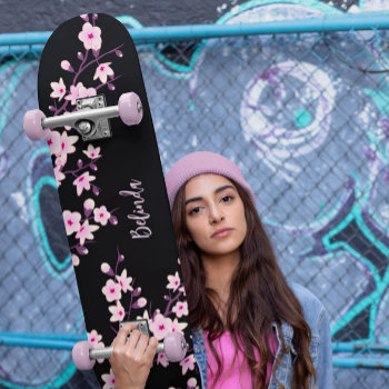 Floral Cherry Blossom Monogram Black Pink Girly Skateboard by NinaBaydur at Zazzle