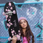 Floral Cherry Blossom Monogram Black Pink Girly Skateboard at Zazzle
