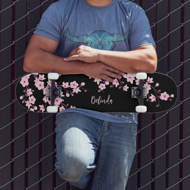 Floral Cherry Blossom Monogram Black Pink Girly Skateboard | Zazzle