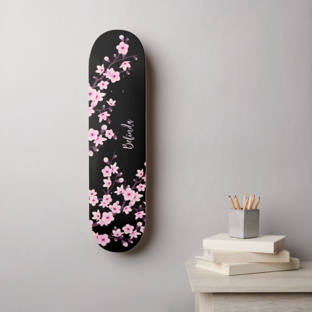 Floral Cherry Blossom Monogram Black Pink Girly Skateboard | Zazzle
