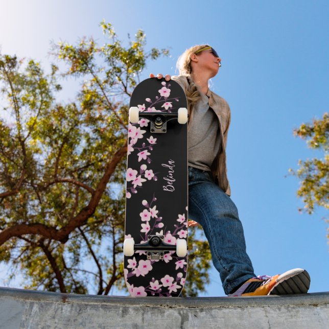 Floral Cherry Blossom Monogram Black Pink Girly Skateboard | Zazzle