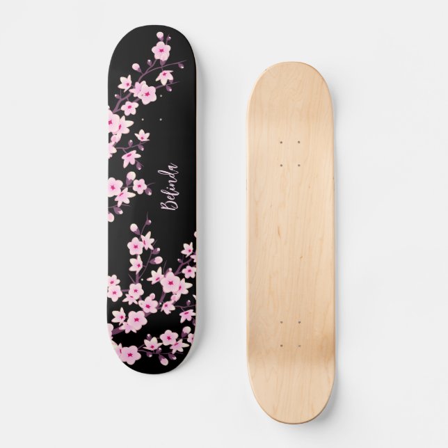 Floral Cherry Blossom Monogram Black Pink Girly Skateboard | Zazzle