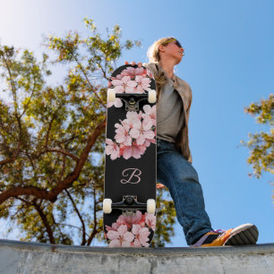 Floral Cherry Blossom Monogram Black Pink Skateboard