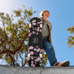 Floral Cherry Blossom Monogram Black Pink Skateboard
