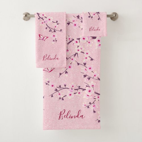 Floral Cherry Blossom Monogram Name Pink Glitter Bath Towel Set