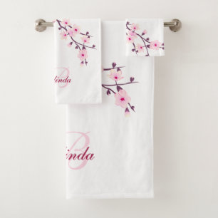 Floral Cherry Blossom Monogram Name Pink White Bath Towel Set