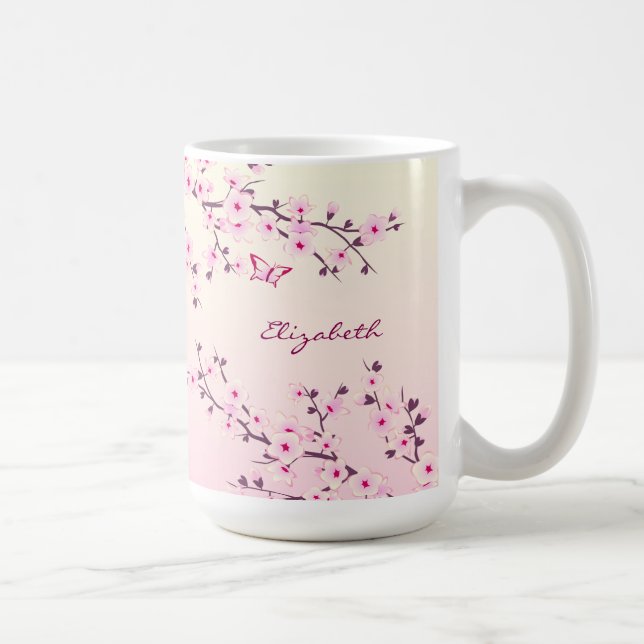 Floral Cherry Blossom Monogram Pink Girly Coffee Mug (Right)