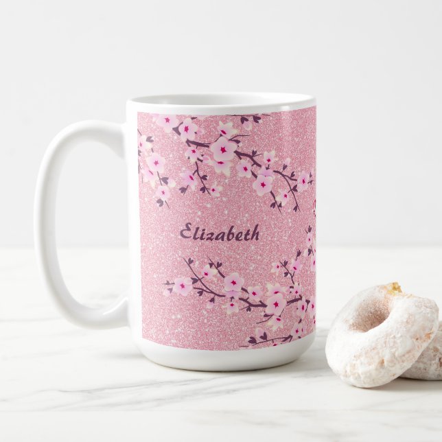 Floral Cherry Blossom Monogram Pink Glitter Coffee Mug (With Donut)