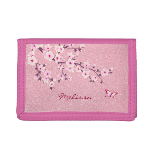 Floral Cherry Blossom Monogram Pink Glitter Name Tri-fold Wallet