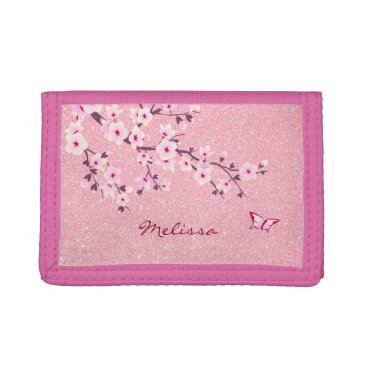 Floral Cherry Blossom Monogram Pink Glitter Name Trifold Wallet