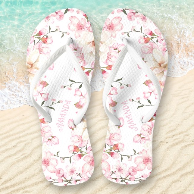 Floral Cherry Blossom Name Pink White Flip Flops (Floral Cherry Blossom Name Pink Flip Flops)