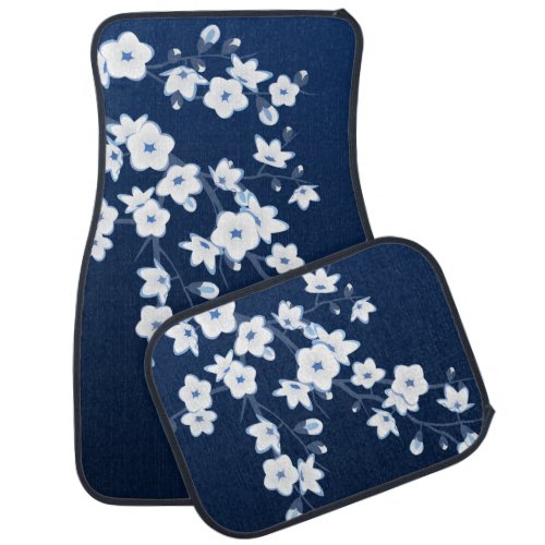 Floral Cherry Blossom Navy Blue White Car Mat