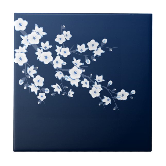 Floral Cherry Blossom Navy Blue White Ceramic Tile (Front)
