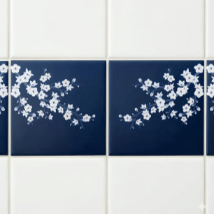 Floral Cherry Blossom Navy Blue White Ceramic Tile