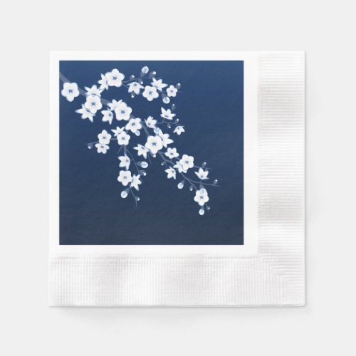 Floral Cherry Blossom Navy Blue White Napkins