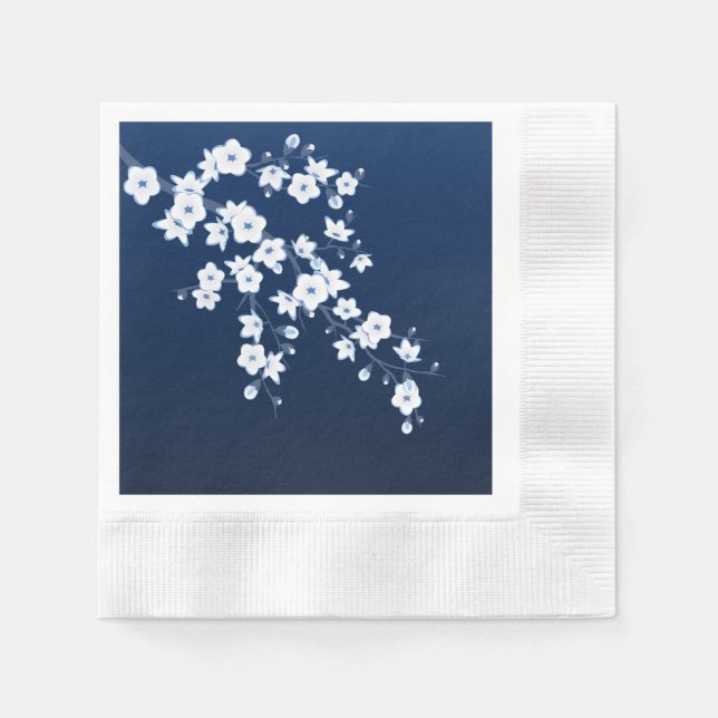 Floral Cherry Blossom Navy Blue White Napkins (Front)