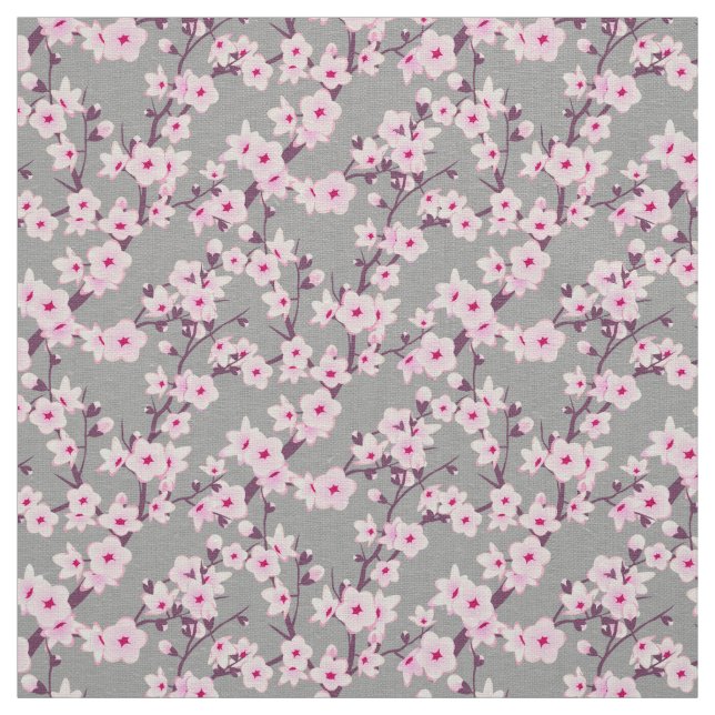 Floral Cherry Blossom Pattern Pink Gray Fabric (Swatch)