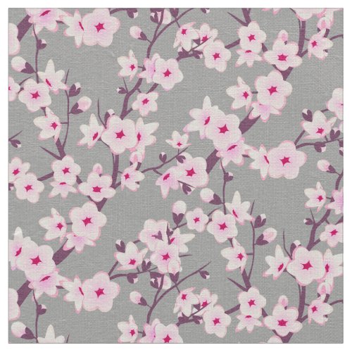 Floral Cherry Blossom Pattern Pink Gray Fabric