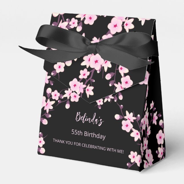 Floral Cherry Blossom Pink Black Custom Birthday Favor Boxes (Front Side)