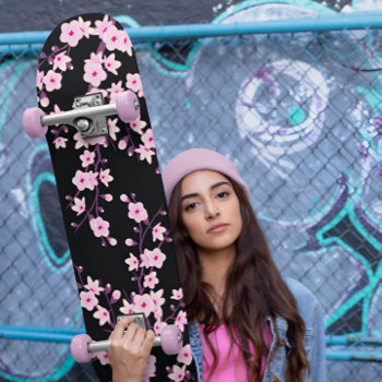 Floral Cherry Blossom Pink Black Girly Skateboard by NinaBaydur at Zazzle