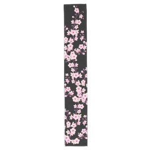 Floral Cherry Blossom Pink Black Long Table Runner