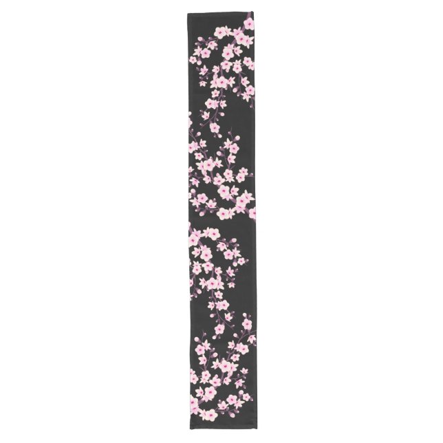 Floral Cherry Blossom Pink Black Long Table Runner (Front)
