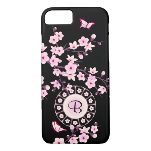 Floral Cherry Blossom Pink Black Monogram iPhone 87 Case