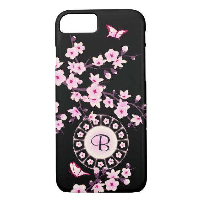 Floral Cherry Blossom Pink Black Monogram Case-Mate iPhone Case (Back)