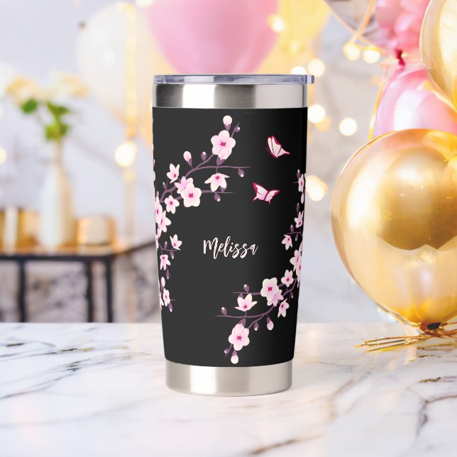 Floral Cherry Blossom | Pink Black Monogram Insulated Tumbler (Bachelor Party)