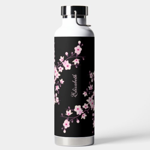 Floral Cherry Blossom  Pink Black Monogram Water Bottle