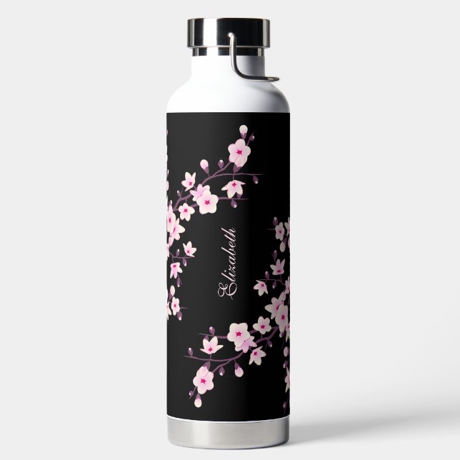 Floral Cherry Blossom | Pink Black Monogram Water Bottle (Left)