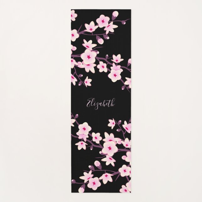Floral Cherry Blossom Pink Black Monogram  Yoga Mat (Front)