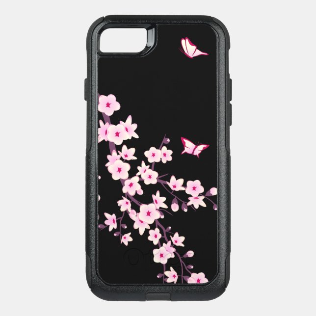 Floral Cherry Blossom Pink Black Otterbox iPhone Case (Back)