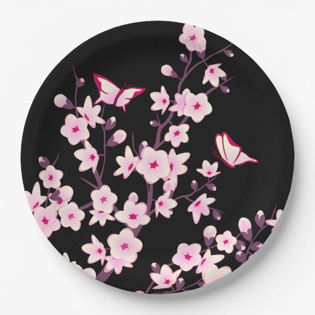 Floral Cherry Blossom Pink Black Paper Plates (Front)