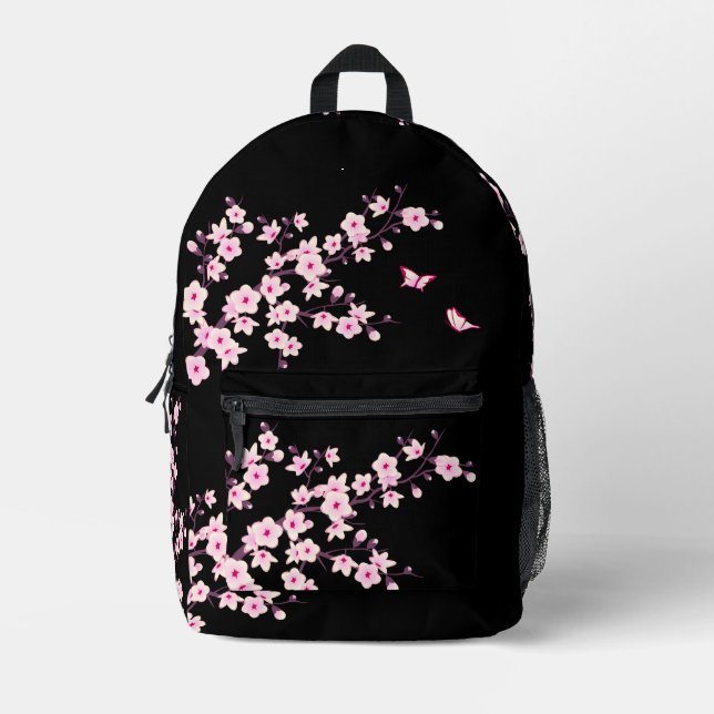 Floral Cherry Blossom Pink Black Printed Backpack (Front)