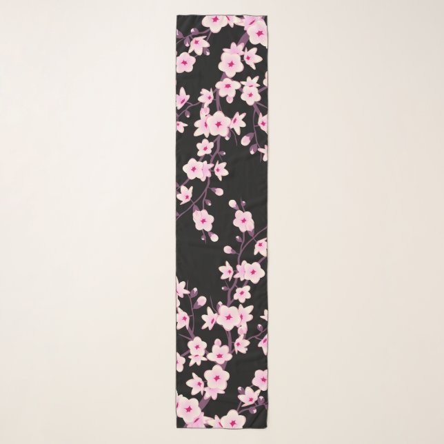 Floral Cherry Blossom Pink Black Scarf (Front)