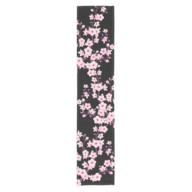 Floral Cherry Blossom Pink Black Short Table Runner (Front)