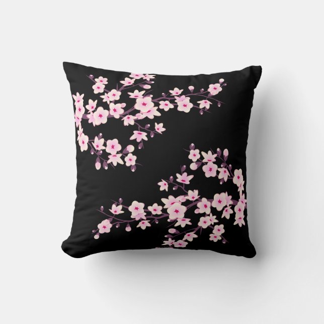 Floral Cherry Blossom Pink Black Throw Pillow (Front)