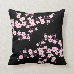 Floral Cherry Blossom Pink Black Throw Pillow